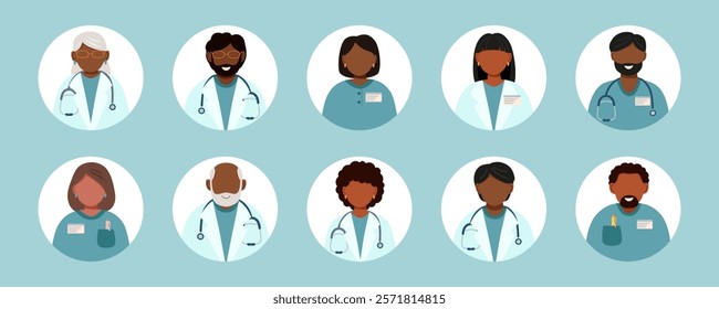 Set of doctors avatars. Concept of medicine, healthcare, clinic, assistance, team. Vector hand drawn cliparts.