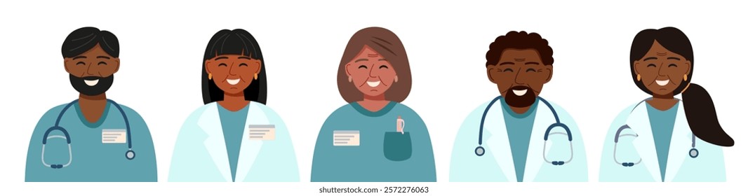 Set of doctors avatars. Concept of medicine, healthcare, clinic, assistance, team. Vector hand drawn cliparts of doctors.