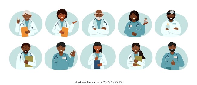 Set of doctors avatars. Concept of medicine, healthcare, clinic, team, medical staff. Vector hand drawn cliparts.