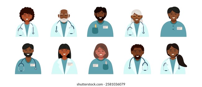 Set of doctors avatars. Concept of medicine, healthcare, clinic, teamwork. Vector hand drawn cliparts.