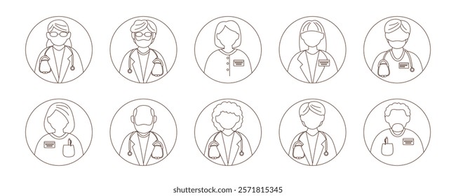 Set of doctors avatars in line art style. Doctor icons isolated on white. Concept of medicine, healthcare, team, clinic, treatment.