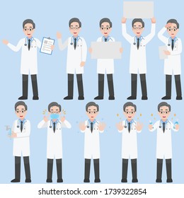 Set of Doctors Character design in various action for prevent coronavirus Cartoon flat  Health care concept.
