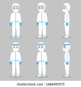 Set of Doctors Character wearing in full protective suit Clothing isolated and Safety Equipment for prevent virus Wuhan Covid-19.Corona virus, people wearing Personal Protective Equipment.Work safety