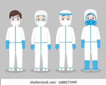 Set of Doctors Character wearing in full protective suit Clothing isolated and Safety Equipment for prevent virus Wuhan Covid-19.Corona virus, people wearing Personal Protective Equipment.Work safety