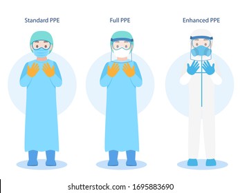 Set of Doctors Character wearing in PPE personal protective suit Clothing isolated and Safety Equipment for prevent Corona virus, people wearing Personal Protective Equipment.Work safety