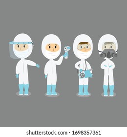 Set of doctors character wearing in ppe personal protective suit clothing isolated and safety equipment
