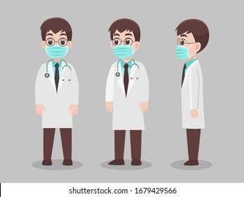 Set of Doctors Character wearing protective Medical mask for prevent virus Wuhan Covid-19.Corona virus, people wearing a surgical mask. Health care concept. character pose front side turn around.