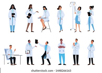 Set of doctors characters health workers performing job tasks in hospital isolated. Man and woman doctors. Medical team concept vector illustration