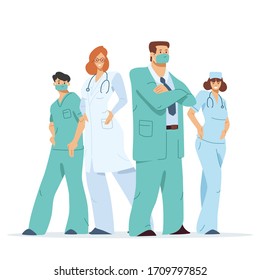 Set of doctors characters, heroes, like superoes .Medical personnel team for fighting the coronavirus, 2019-nCoV.  hospital workers  groupin white medical face mask in superhero pose 