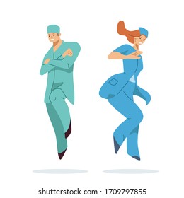Set of doctors characters, heroes, like superoes .Medical personnel team for fighting the coronavirus, 2019-nCoV.  hospital workers  groupin white medical face mask in superhero pose 