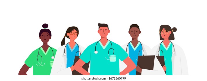 Set Of Doctors Characters. Medical Team Concept In Vector Illustration Design. Medical Staff Doctor Nurse Therapist Surgeon Professional Hospital Workers, Group Of Medics.