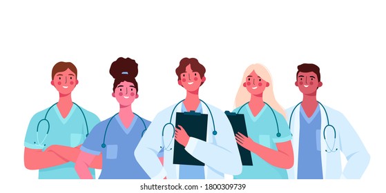 Set Of Doctors Characters. Medical Team Concept In Vector Illustration Design. Medical Staff Doctor Nurse Therapist Surgeon Professional Hospital Workers, Group Of Medics.