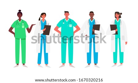 Set of doctors characters. Medical team concept in vector illustration design. Medical staff doctor nurse therapist surgeon professional hospital workers, group of medics.