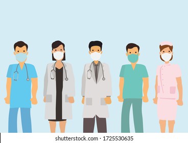 Set of doctors characters in medical uniform with face mask. Coronavirus 2019-nCoV concept. Medical team doctor nurse therapist surgeon professional hospital workers. Vector illustration.