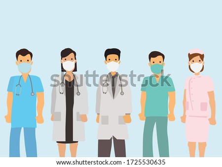 Set of doctors characters in medical uniform with face mask. Coronavirus 2019-nCoV concept. Medical team doctor nurse therapist surgeon professional hospital workers. Vector illustration.