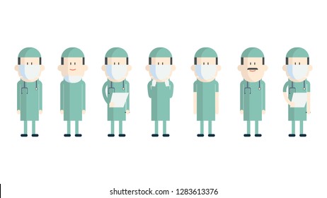 Set of doctors characters with surgeon uniform. Flat design.Isolated on white background, Vector illustration.
