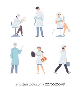 Set of doctors characters in uniform. Medical staff making examination and treatment procedures during work flat vector illustration
