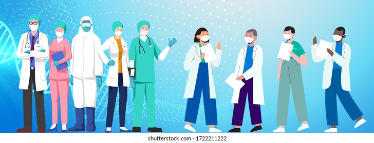 Set of doctors characters in the white medical face mask. Medical team, doctor, nurse, therapist, surgeon, and  professional hospital workers. Group of medics.Frontline heroes. Vector Illustration