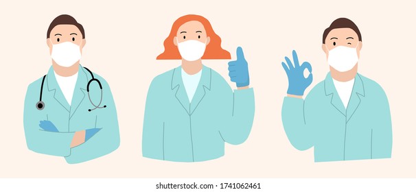 Set of doctors characters in white medical face mask.Hospital workers, group of medics. Vector hand drawn illustation.