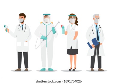 Set Of Doctors Characters In White Medical Face Mask. Medical Team Doctor And Nurse Therapist Surgeon Professional In Hospital Workers. Vector Illustration