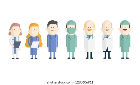 Set of doctors characters.Female and old doctor,Medical hospital staff, Surgeon.Flat design.Isolated on white background, Vector illustration.