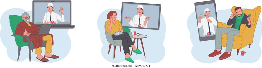 Set of doctors consulting their patients via video calls. Online medical consultations. Contemporary digital healthcare services. Internet treatment and checkup. Vector
