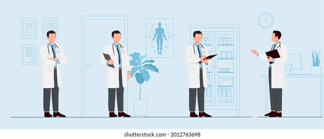 Set doctors in different poses on blue background. Heathcare workers. Medical profession. Set of doctor vector flat illustration. 