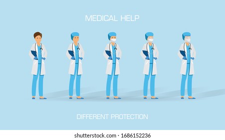 Set of doctors with different protection against the virus. The fight against coronovirus. Coronavirus (2019-nCoV). Virus Covid 19-NCP.