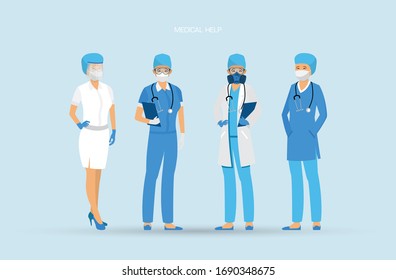 Set of doctors with different protection against the virus. The fight against coronavirus. Coronavirus (2019-nCoV). Virus Covid 19-NCP. 