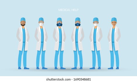 Conjunto de médicos con diferente protección contra el virus. La lucha contra el coronavirus. Coronavirus (2019-nCoV). Virus Covid 19-NCP. 