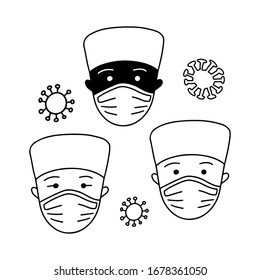 Set of doctors different races face with flu mask icon symbol, Concept wearing medical mask to prevent the spread of virus germs. Isolated on white background, Outline design vector illustration