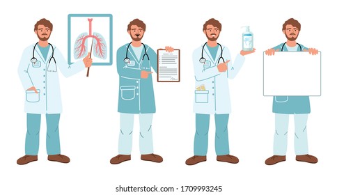 Set of doctors in different situations: keeps a list of prescriptions, shows the image of the lungs, holds white blank, holds a sanitizer. Vector illustration of flat cartoon people