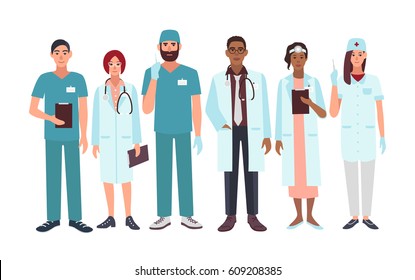 Set of doctors different specialization, nurse, surgeon, therapist, otorhinolaryngologist. Vector illustration characters in flat style. A group man and woman: medical workers.
