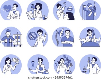 Un conjunto de médicos de diferentes especialidades. Iconos de tipos de especialización de la medicina.