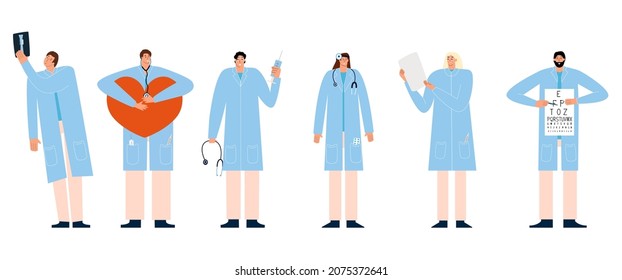 Eine Reihe von Ärzten verschiedener Spezialitäten. Oculist, Kardiologe, Chirurg, Therapeut, Psychologe, Otolaryngologe, Röntgenspezialist. Vektorgrafik in Flachstil