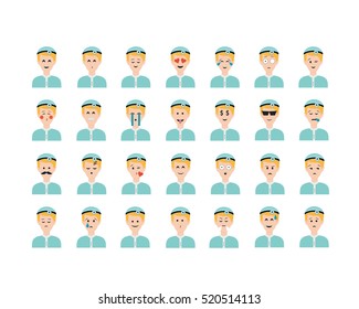 Set of doctors emoticon vector isolated on white background.Emoji  vector. Smile icon collection. Emoticon icon web. Simple flat cartoon style. Faces avatars. 
