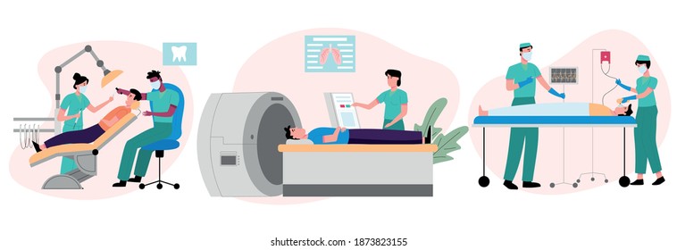 Set of doctors examines patient in clinic.  Examination by dentist, people at mri scan and patient connected to a ventilator. Vector illustration in cartoon style.