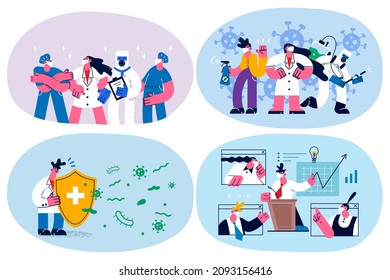Set of doctors in facemasks and protective medical uniform fight with corona virus infection. Medicine workers educate people about covid-19 pandemic spread. Coronavirus. Flat vector illustration. 