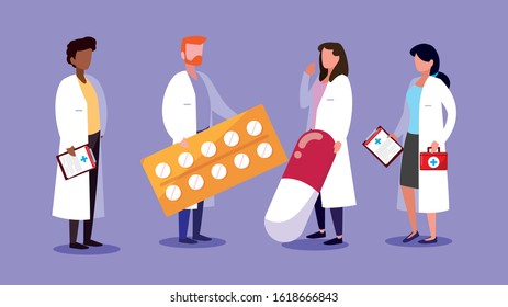 set of doctors with first aid kit vector illustration design
