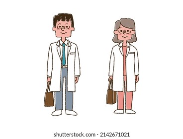 A Set Of Doctors Heading For A Home Visit (male And Female) Comical Handwritten Person Vector, Line Drawing And Color
