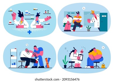 Set Of Doctors Help Ill Patients In Private Or Public Hospital. Bundle Of Medical Workers Consult Sick People In Clinic. Medicine And Healthcare Concept. GP Appointment Or Visit. Vector Illustration. 