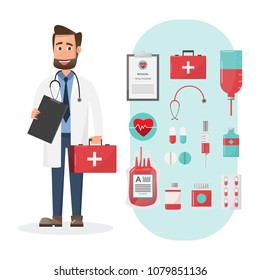 Set of doctors holding first aid box characters with medical elements and icon. vector illustration design.
