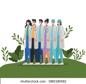 set of doctors icons on a meadow vector illustration design