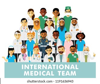 Set of doctors. International medic team. Group of doctors, nurses, medical staff. Medical consultation and diagnosis