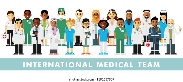 Set of doctors. International medic team. Group of doctors, nurses, medical staff. Medical consultation and diagnosis