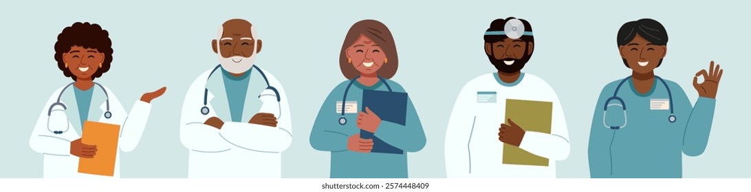 Set of doctors isolated on blue. Concept of medicine, healthcare, clinic, assistance, team. Vector hand drawn cliparts.