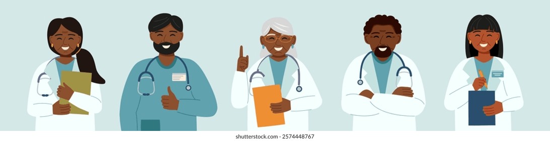 Set of doctors isolated on blue. Concept of medicine, healthcare, clinic, assistance, team. Vector hand drawn cliparts.