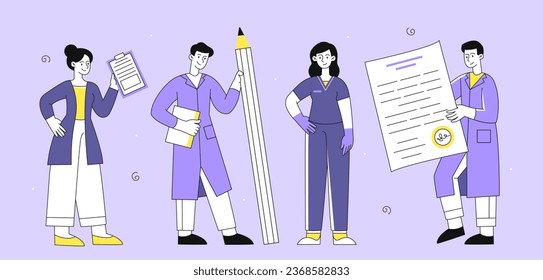 Set of doctors line concept. Men and women in medical uniform with medical equipment. Hospital staff, nurses in protective gloves. Linear flat vector collection isolated on violet background