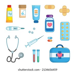 Set of doctor's medical items, medicine, stethoscope, pills, thermometer, ointment. Vector illustration in cartoon childish style. Isolated funny clipart on white background. cute print.