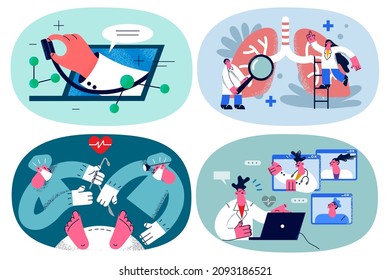 Set Of Doctors In Medical Uniforms Examine Check Patient Help Sick Person With Surgery. Bundle Of Medicine Workers Talk On Video Call Have Online Consultation With Client. Flat Vector Illustration. 